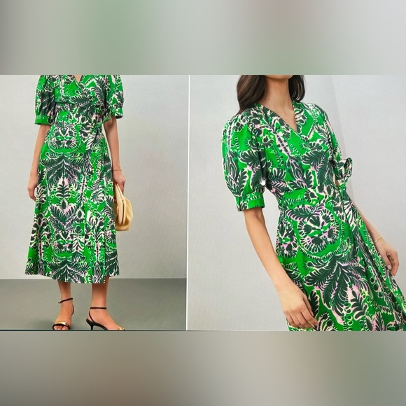 Marie Oliver Dresses & Skirts - Marie Oliver Vibrant Green and Pink Patterned Midi Dress